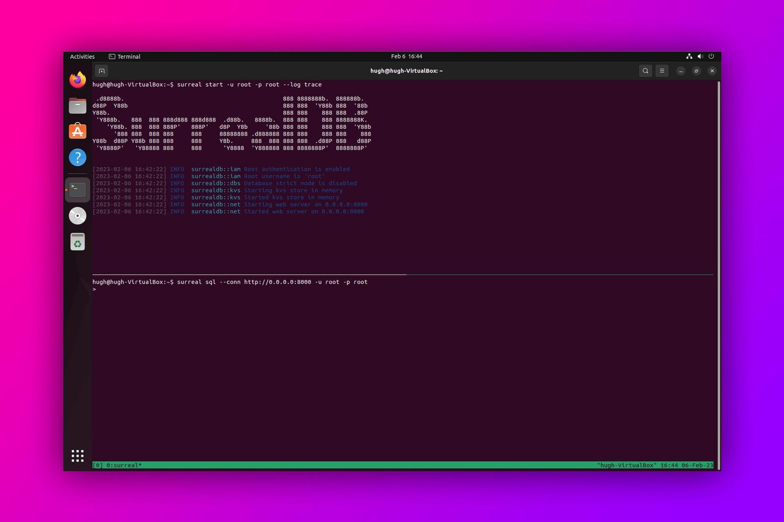 Screenshot of tmux terminal where SurrealDB is launched in top panel and surreal REPL is in the bottom panel