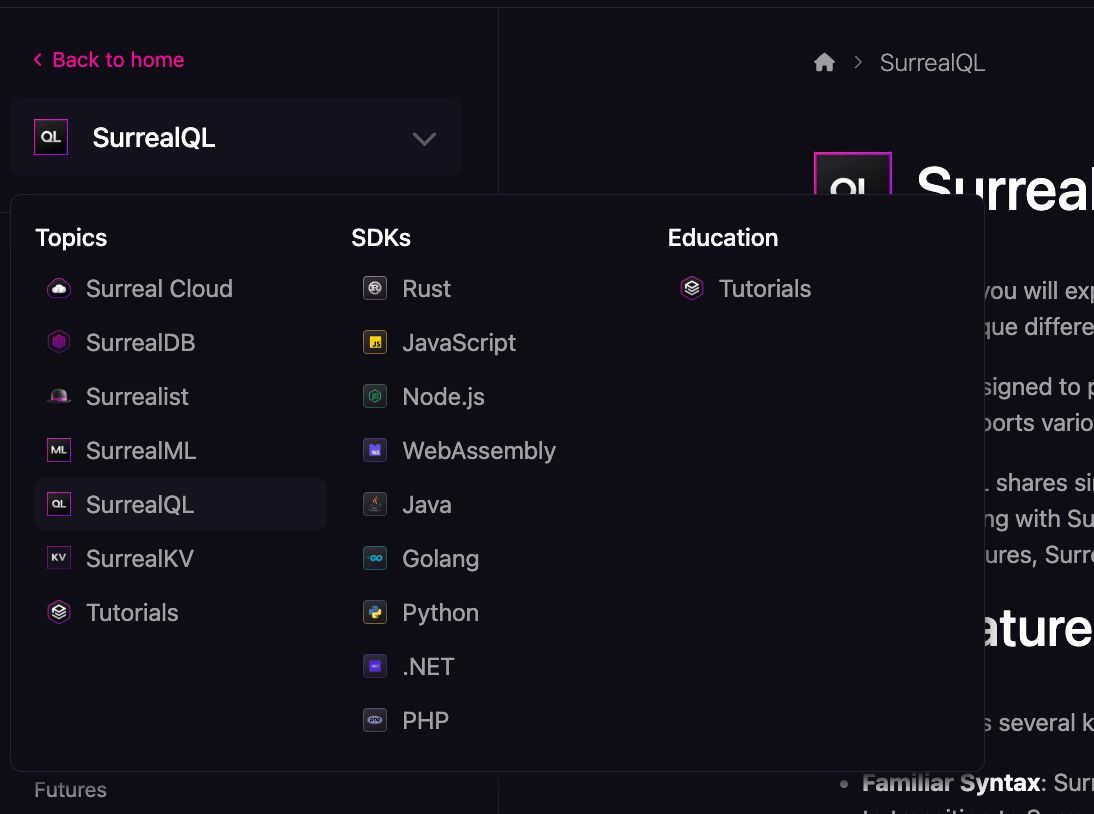 Documentation layout showing the new navigation structure