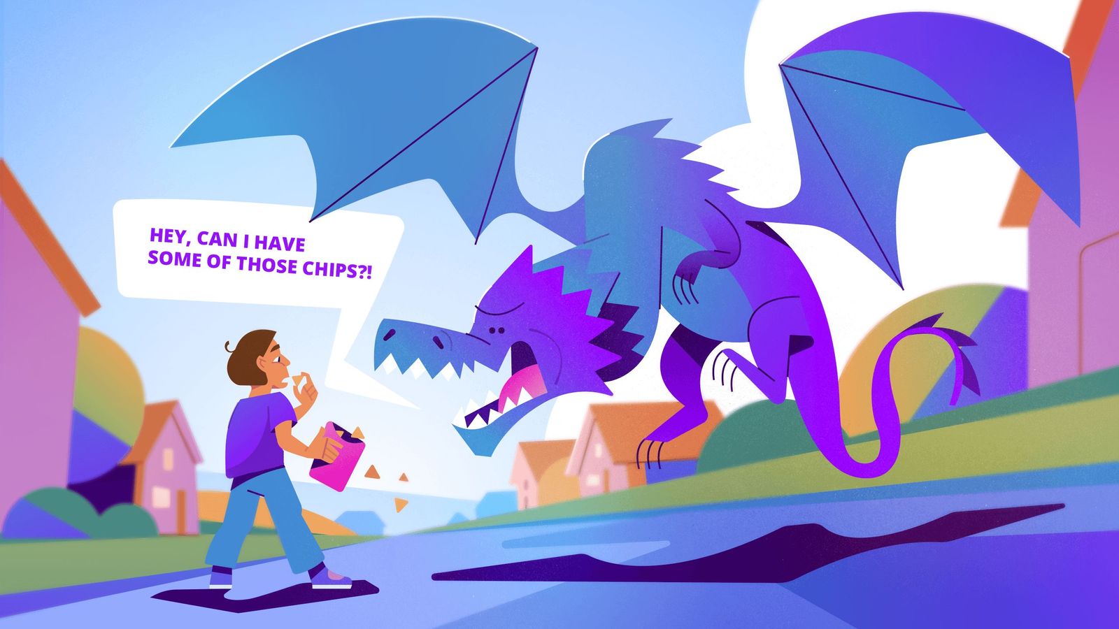 A large blue dragon landing before a small boy from which it demands some chips to eat.