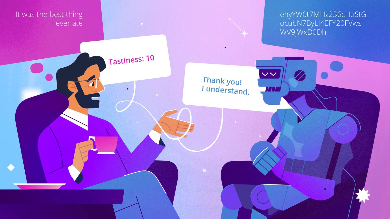 A man thinking in English who expresses his thought in a query language so that his robotic interlocutor can understand, which then remembers the information in its own machine language.