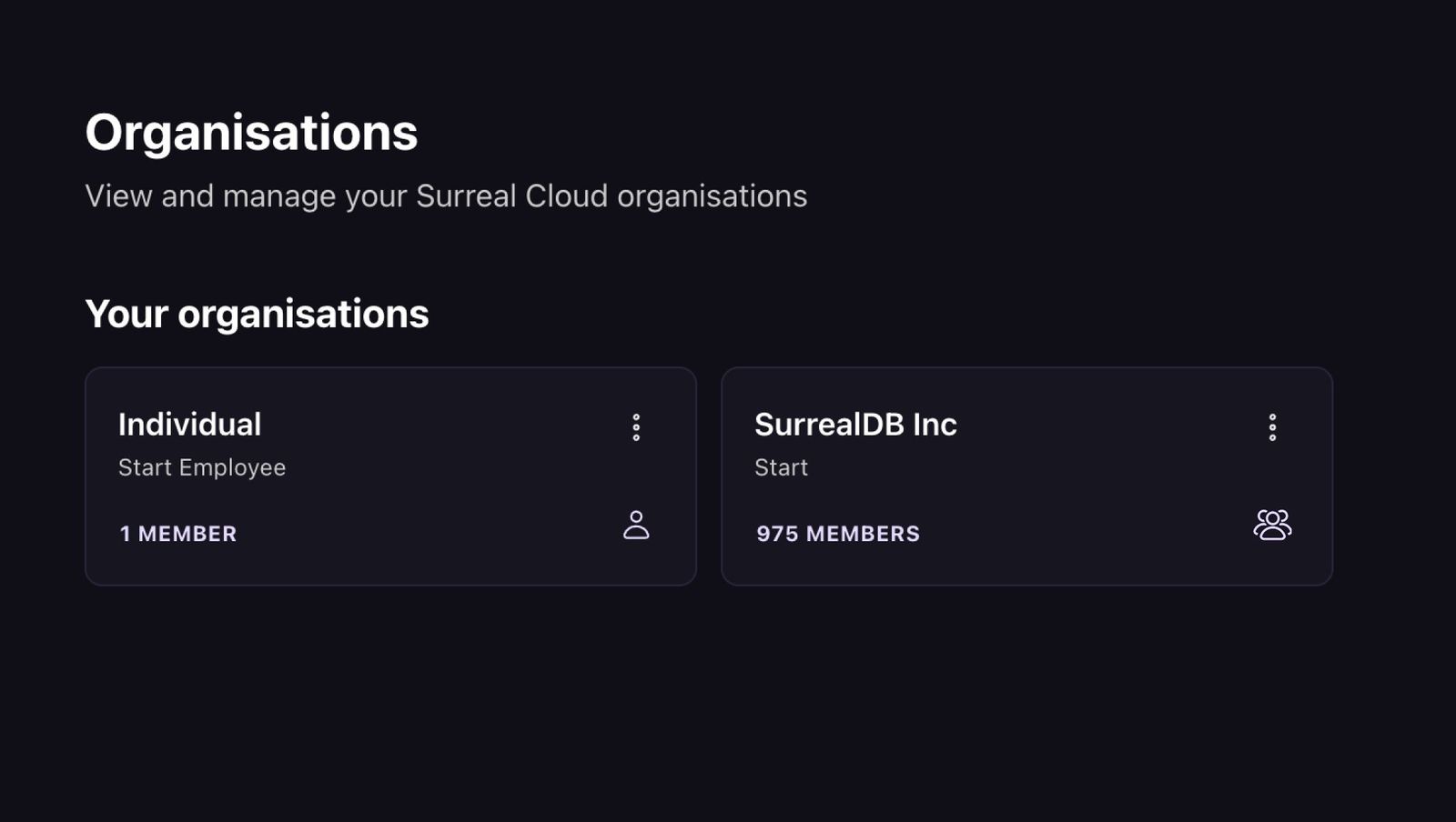 Organisations in Surreal Cloud
