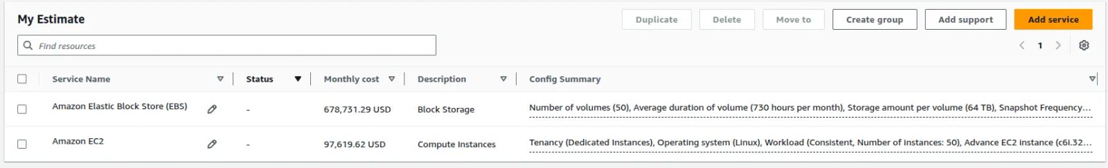AWS bill calculator showing the estimate